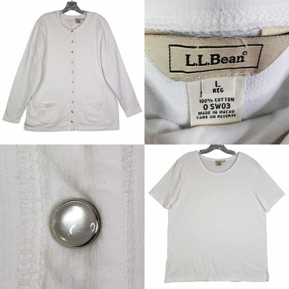 LL Bean Cardigan Set Womens Size L Large Solid White Cotton Button Front Vintage - Picture 1 of 14